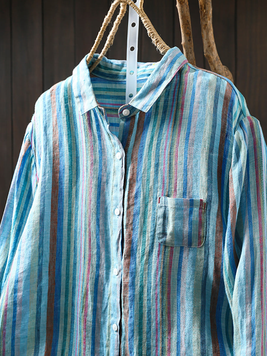 Women Summer Artsy Colorful Stripe 100%Linen Shirt