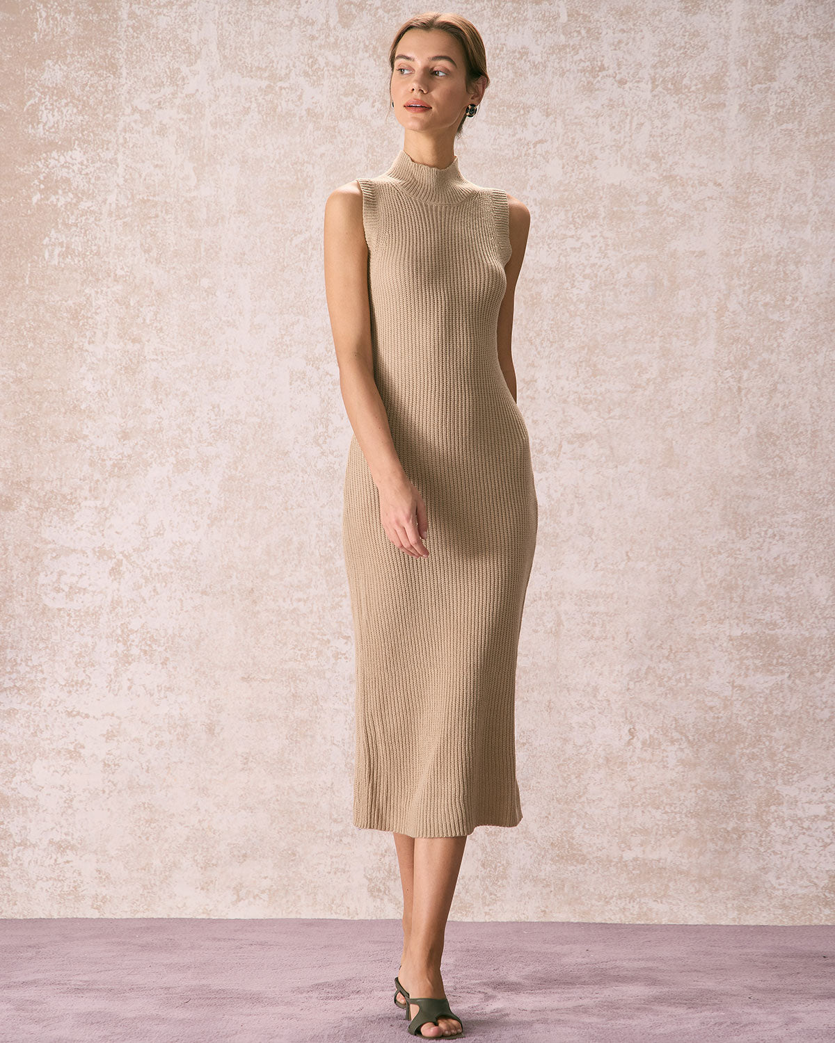 The Khaki Mock Neck Sweater Midi Dress