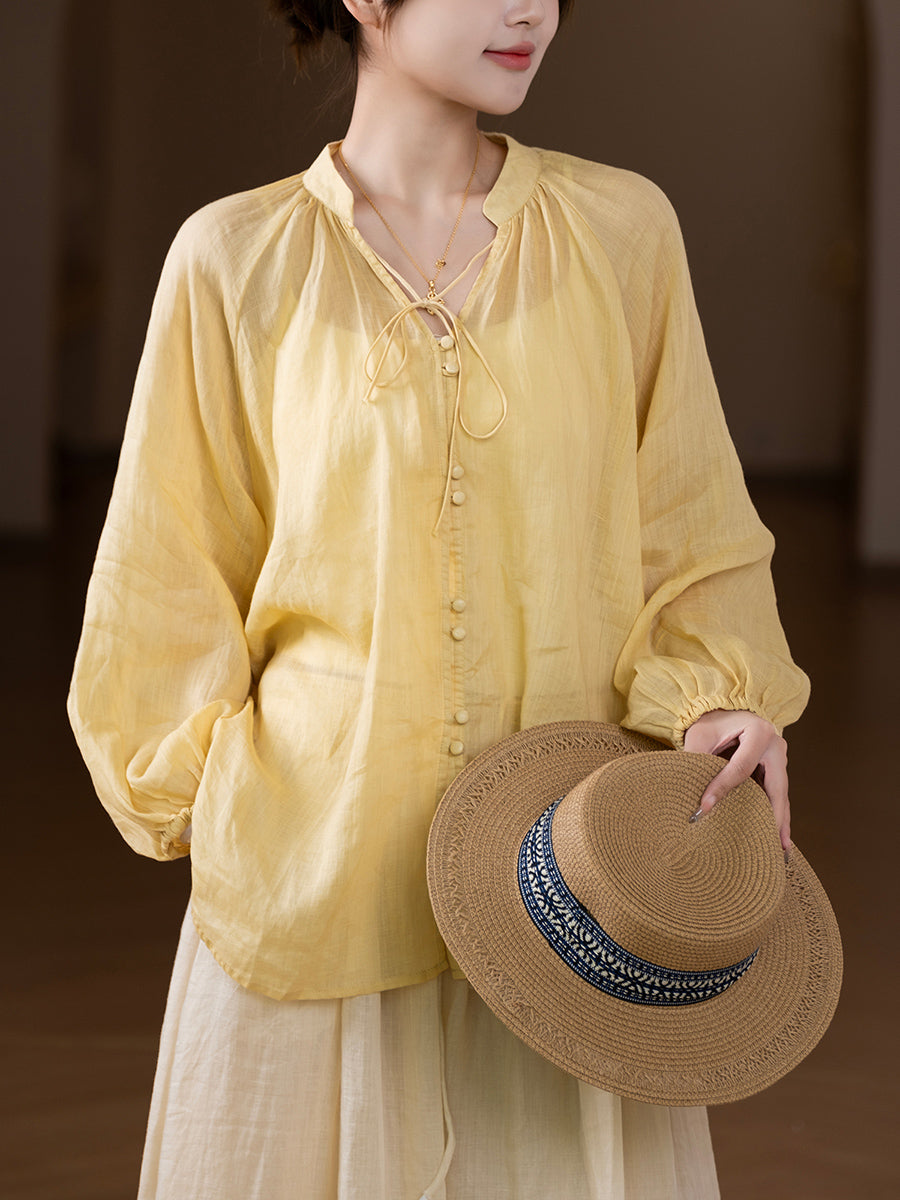 Women Summer Artsy Pure Color V-Neck 100%Ramie Shirt