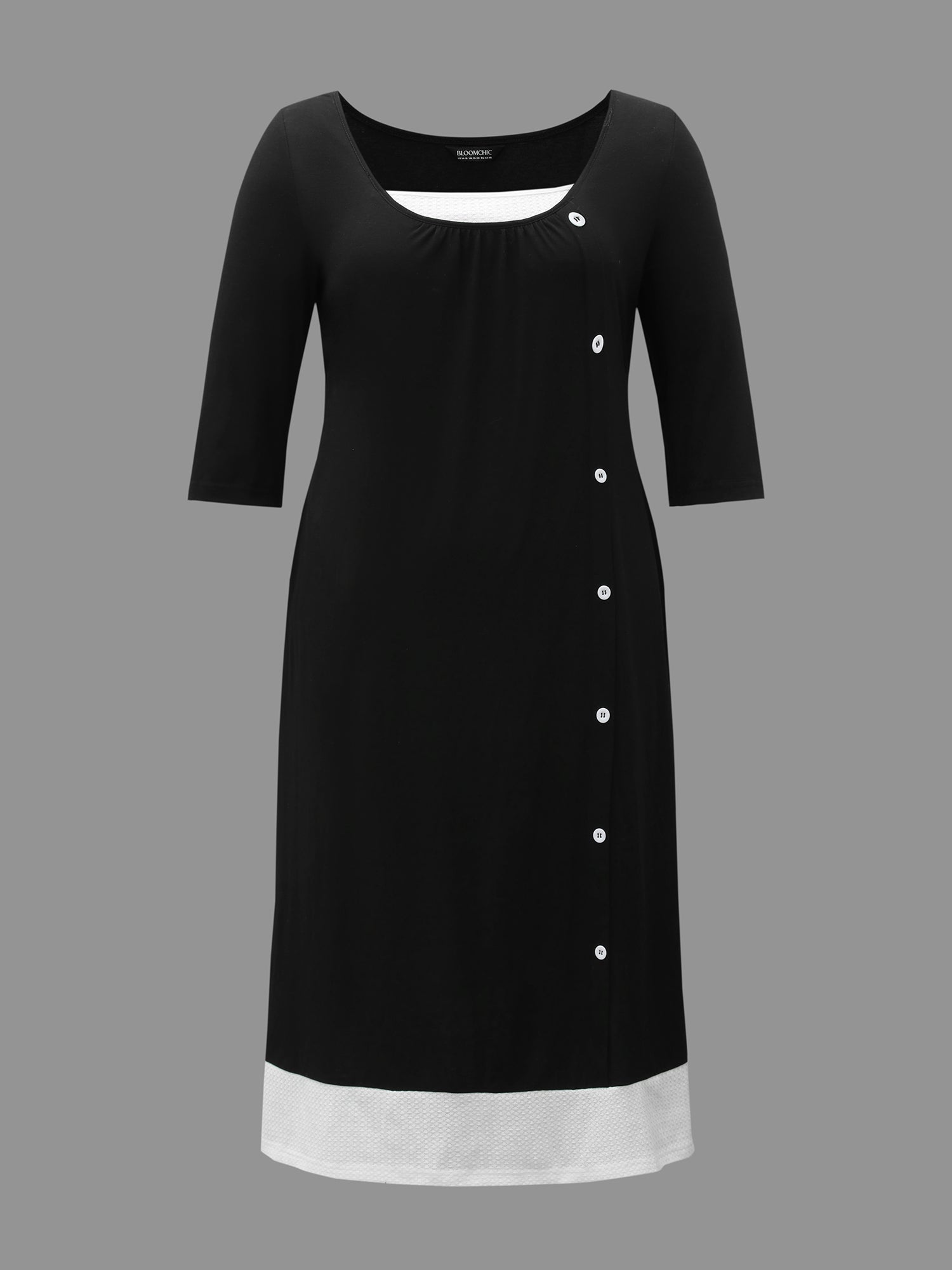 Square Neck Color Block Button Detail Dress