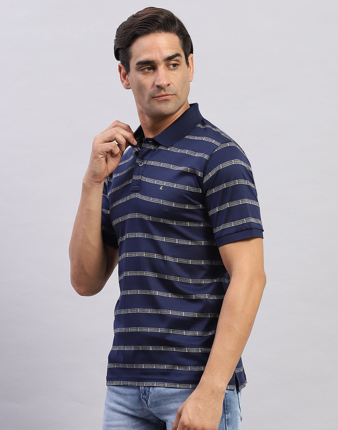 Men Navy Blue Self Design Polo Collar Half Sleeve T-Shirt