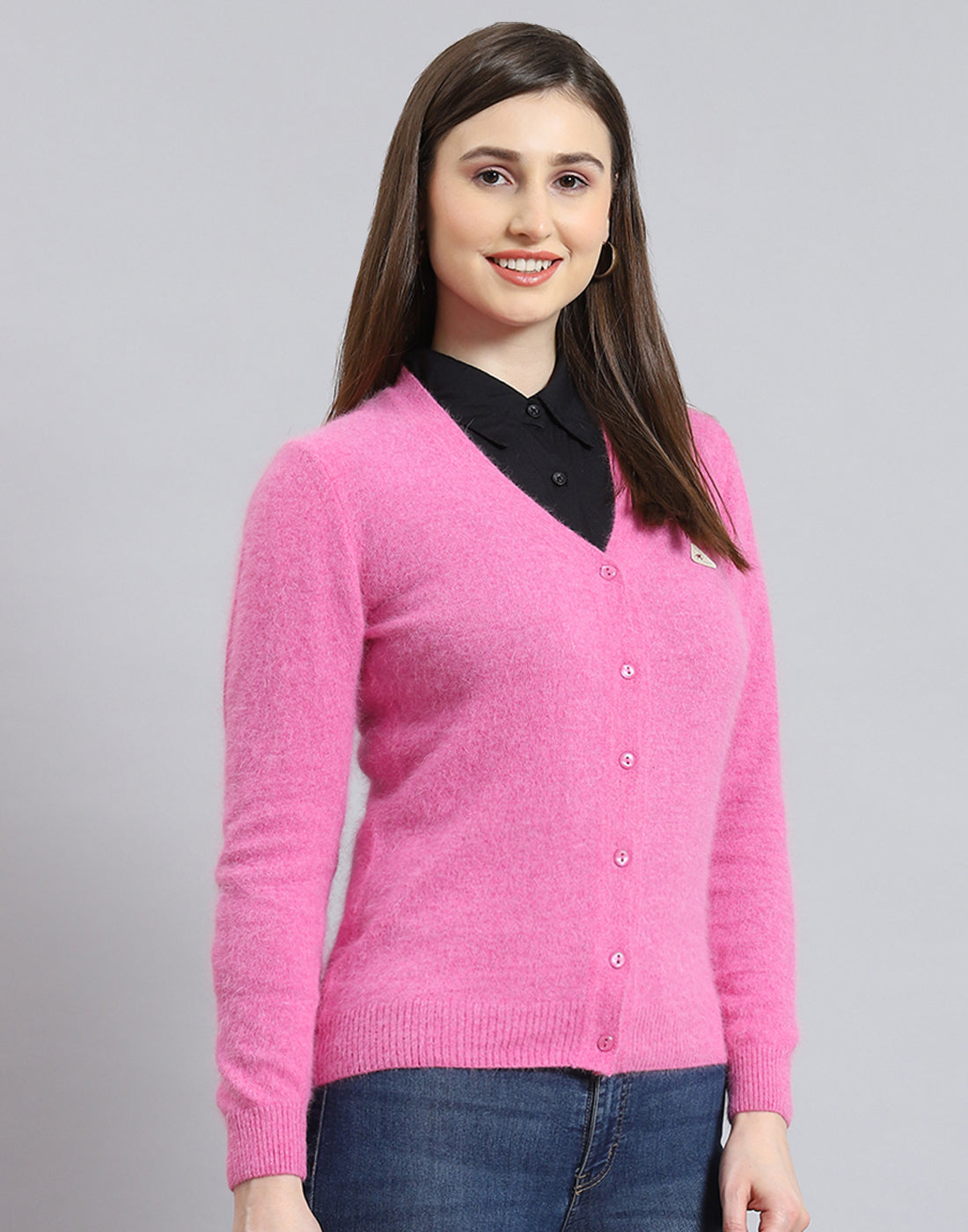 Women Pink Solid V Neck Full Sleeve Cardigan