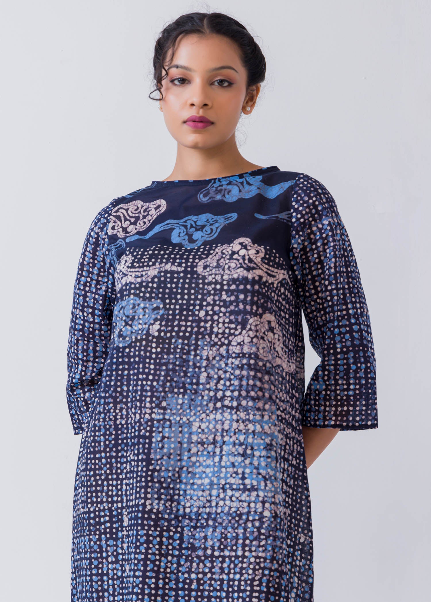 White And Blue Cloud Printed Batik Casual Dress