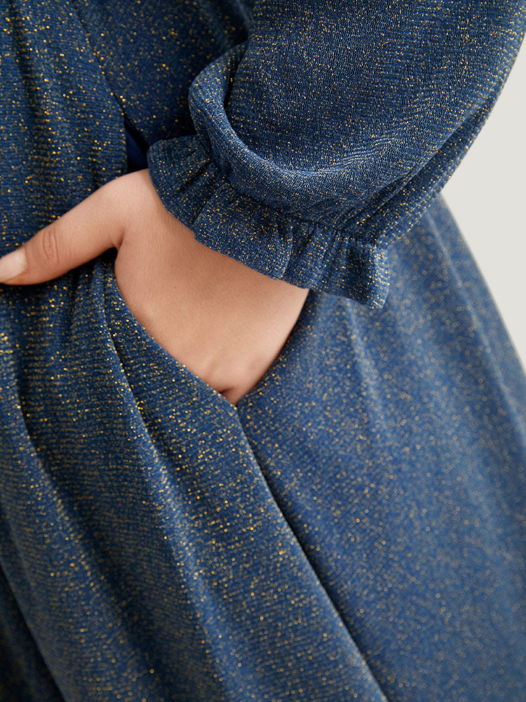 Glitter Crew Neck Pocket Pleated Dress