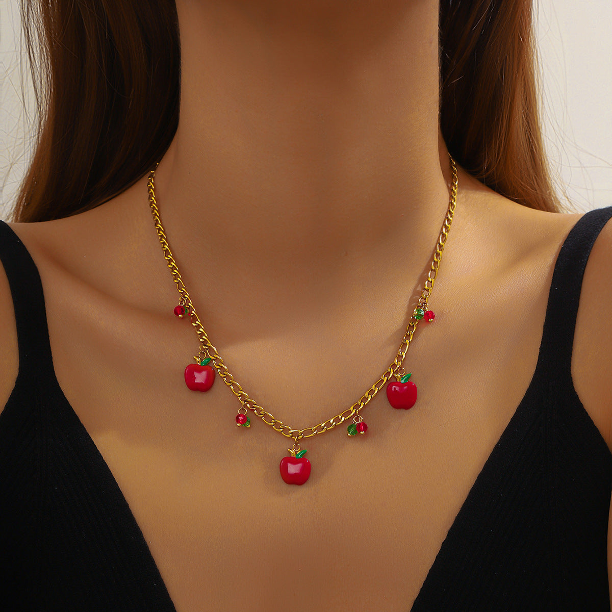 Fashion Cartoon Fruit Series Three-Dimensional Design Red Oil Drop Strawberry Cherry Apple Pendant Necklace
