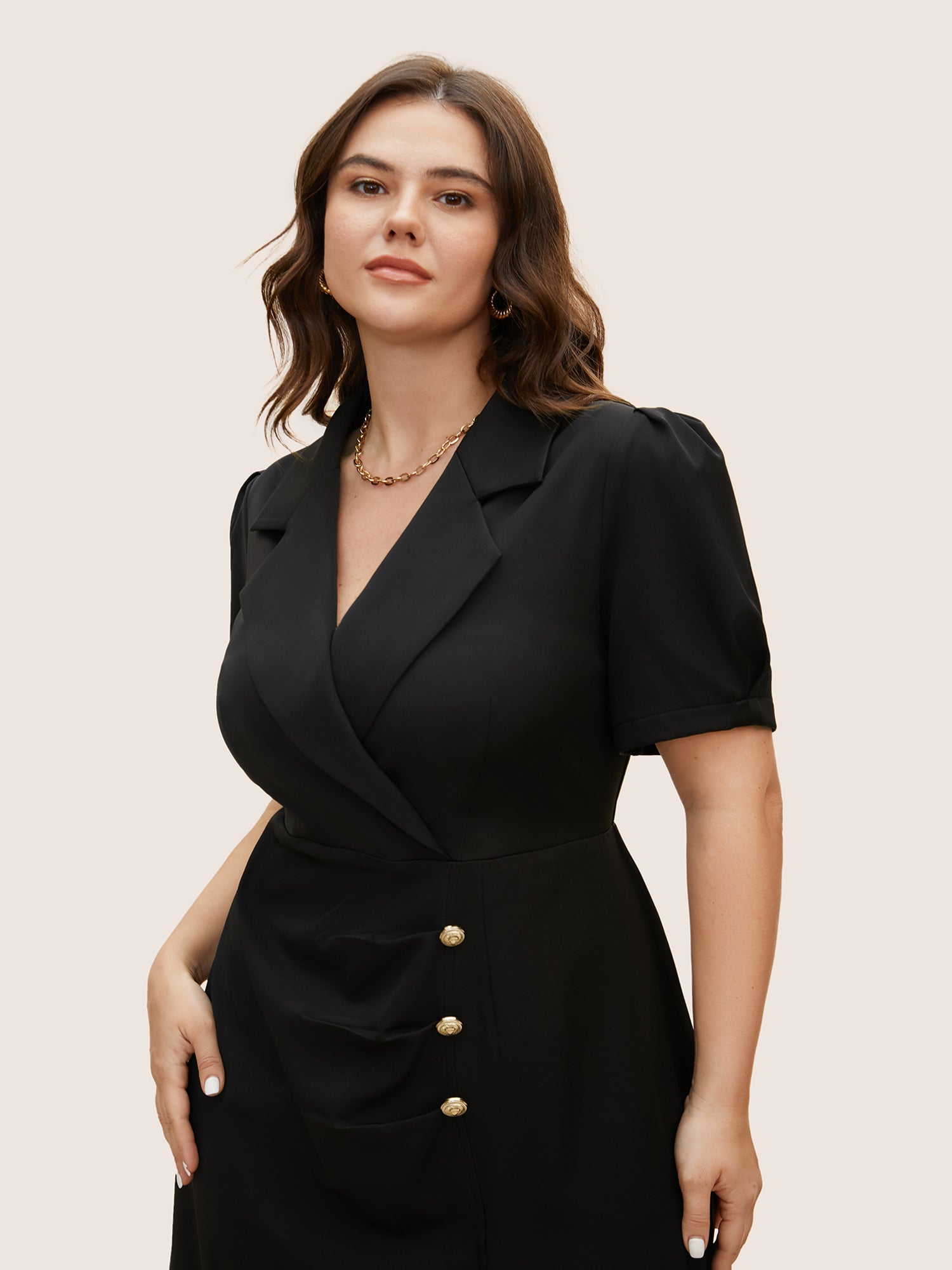 Suit Collar Metal Detail Lantern Sleeve Dress