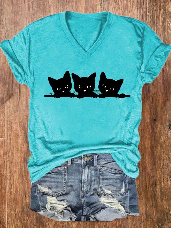 Women's Black Cat Print V-Neck T-Shirt