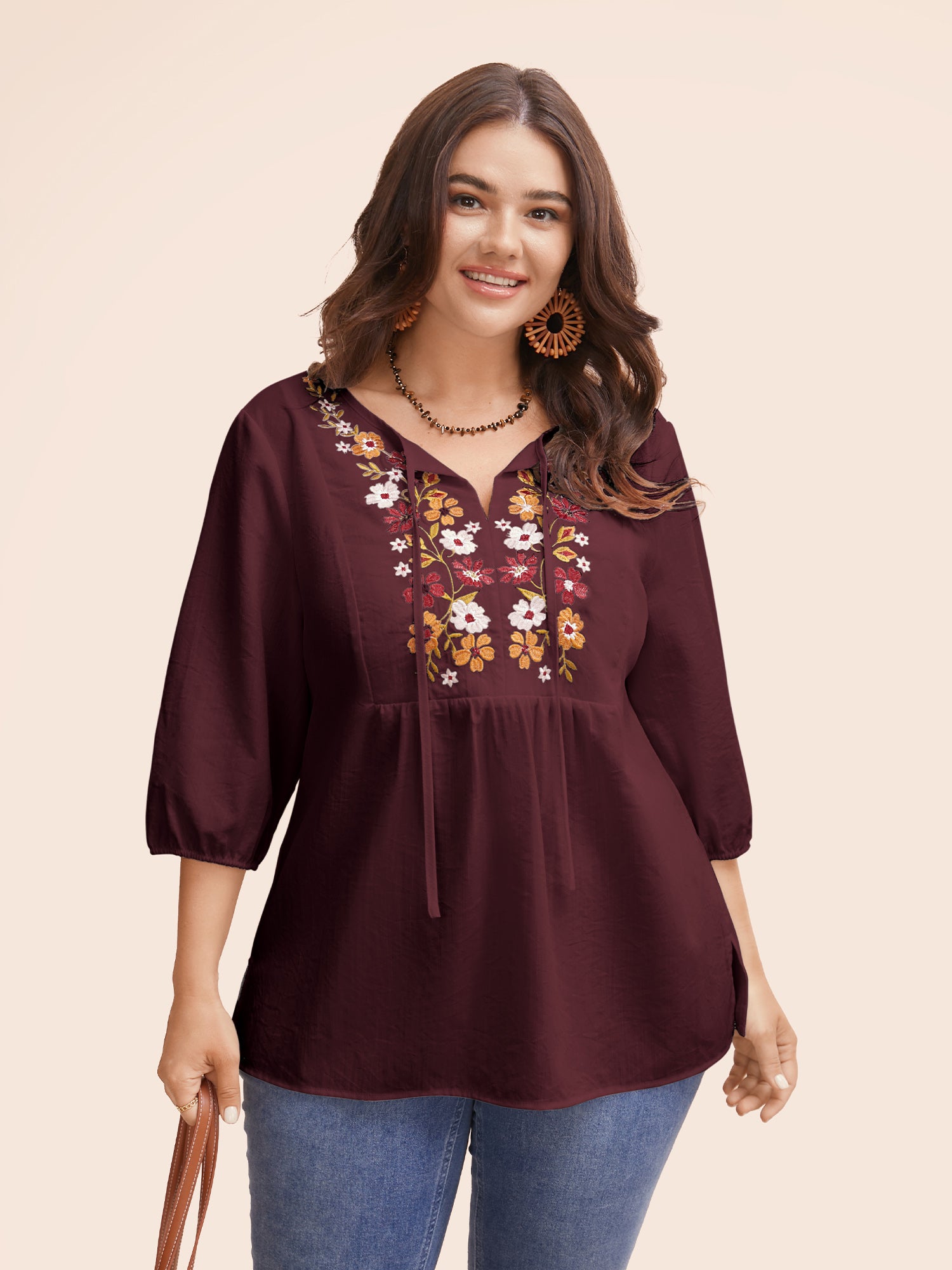 Floral Embroidered Tie Knot Lantern Sleeve Blouse