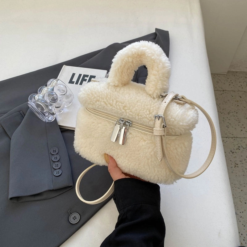 Women's Plush Solid Color Cute Square Zipper Shoulder Bag Handbag Crossbody Bag