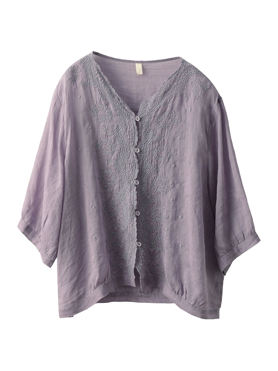 Women Summer Vintage Embroidery V-neck 100%Raime Shirt