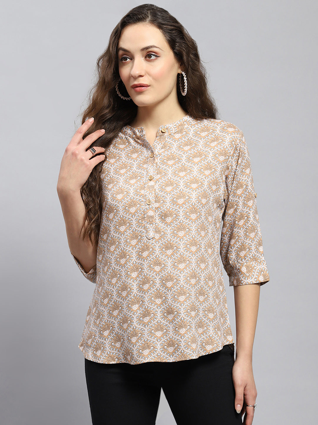 Women Beige Printed Band Collar 3/4 Sleeve Top