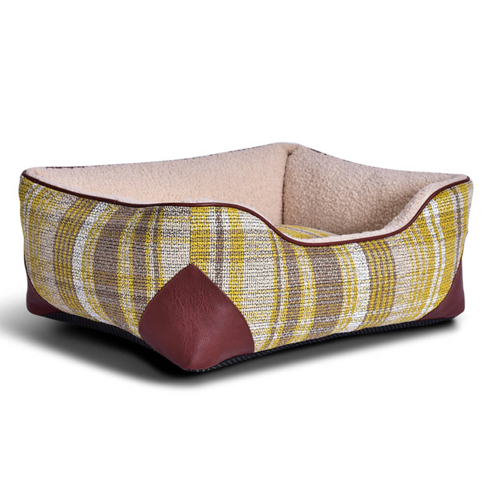 Square Vintage Plaid Faux Sherpa PU Leather Dog & Cat Bed