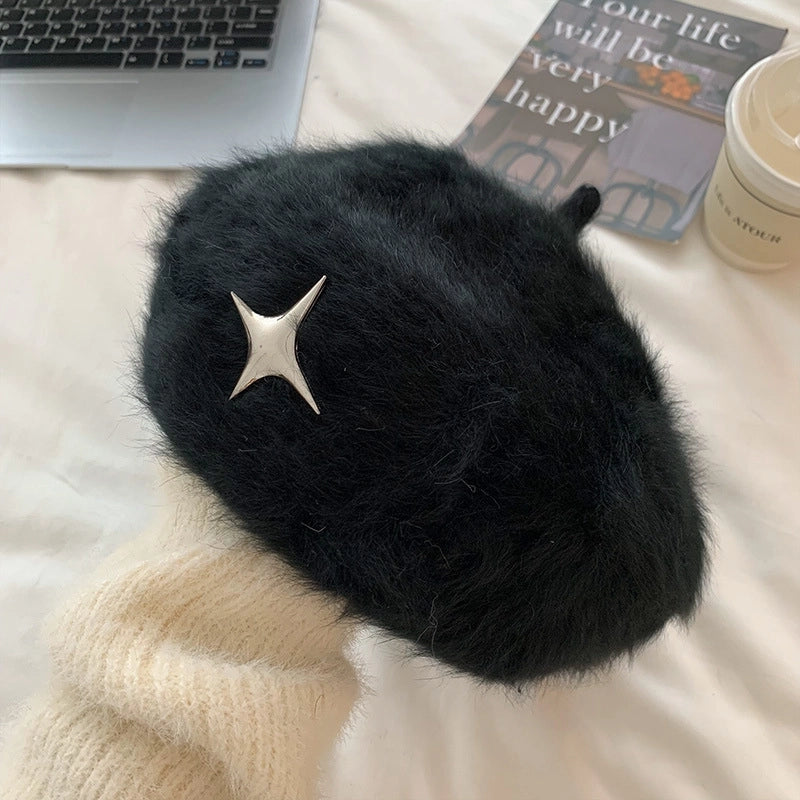 New White Plush Rabbit Fur Anti-wear Beret For Women New Autumn And Winter Face-looking Small Forward Hat Painter Hat