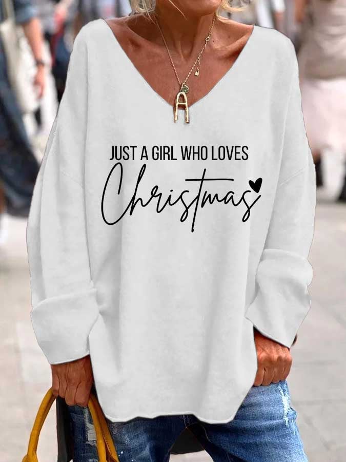 Women's Just A Girl Who Loves Christmas Print V-Neck T-Shirt