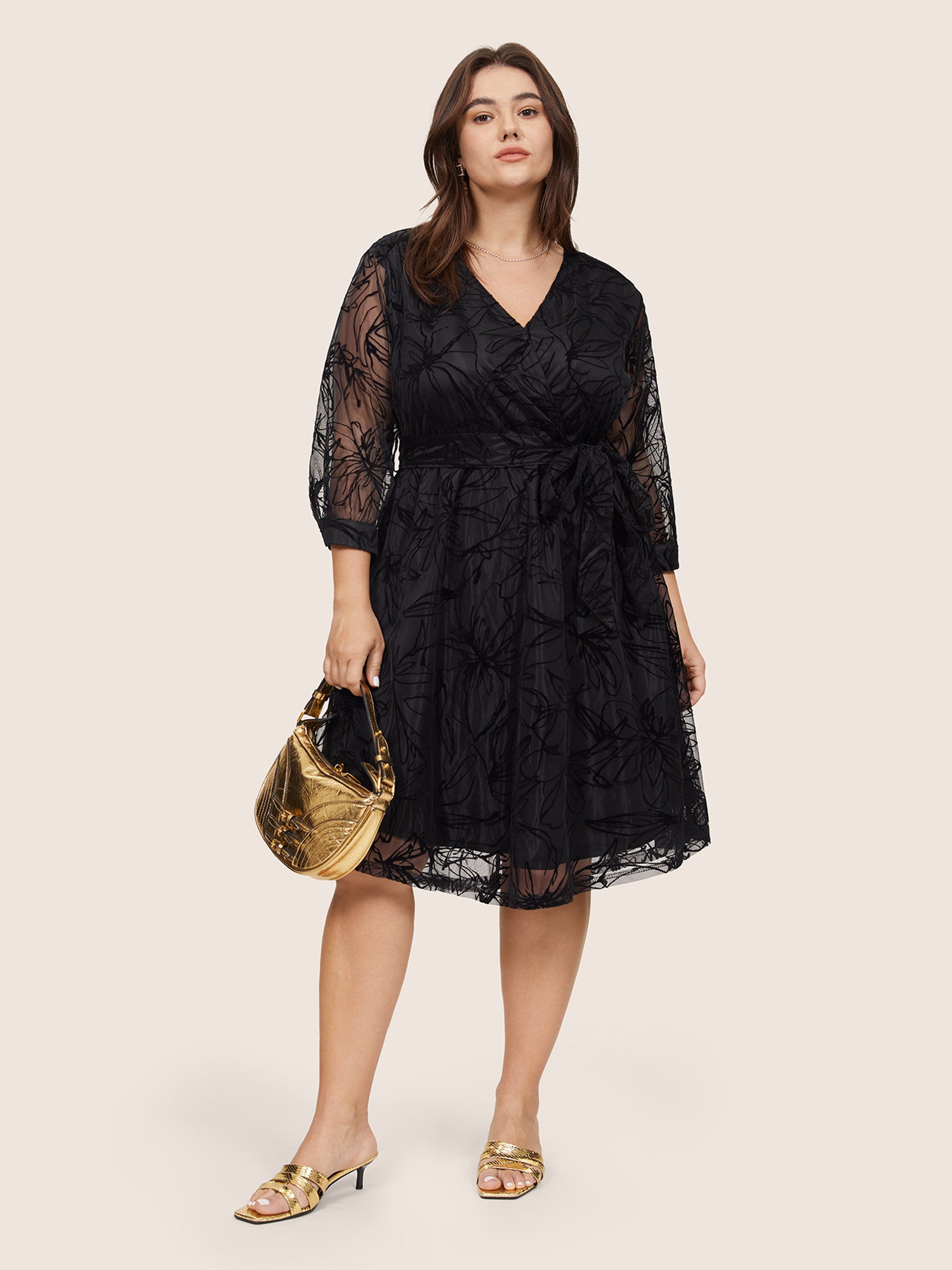Floral Flocked Tulle Belted Dress