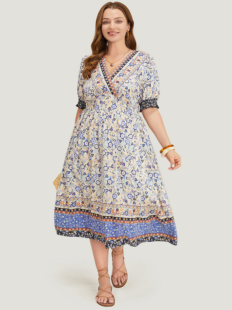 Bandana Print Surplice Neck Pocket Shirred Puff Sleeve Dress