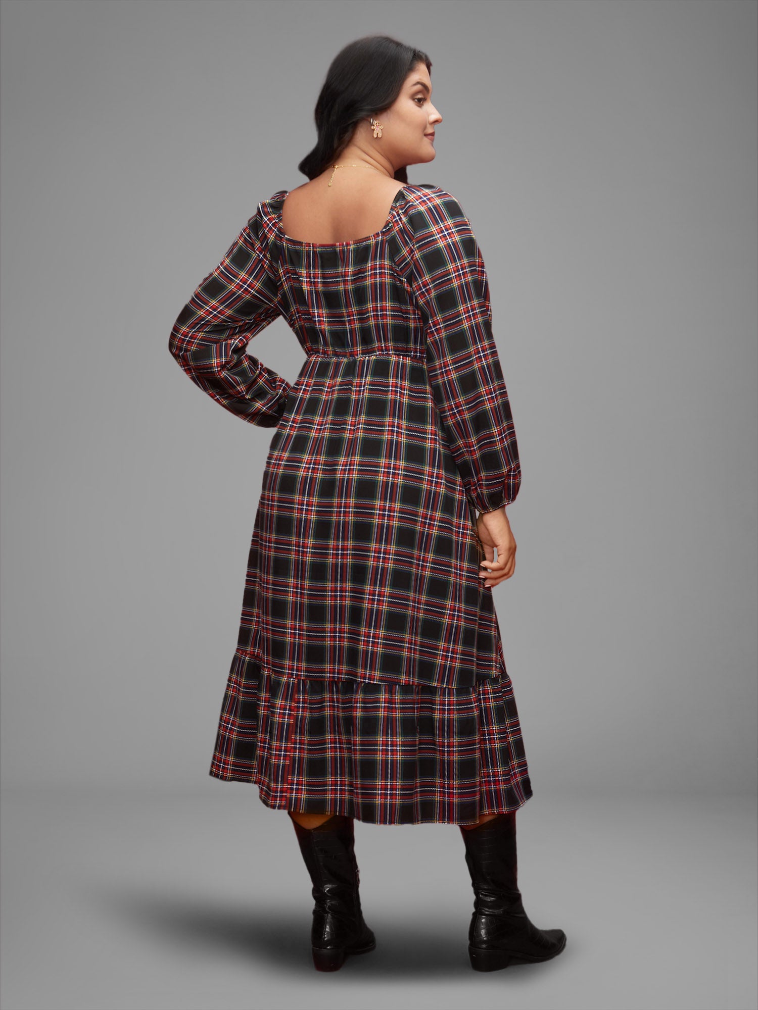 Plaid Square Neckline Puffy Sleeve Midi Dress