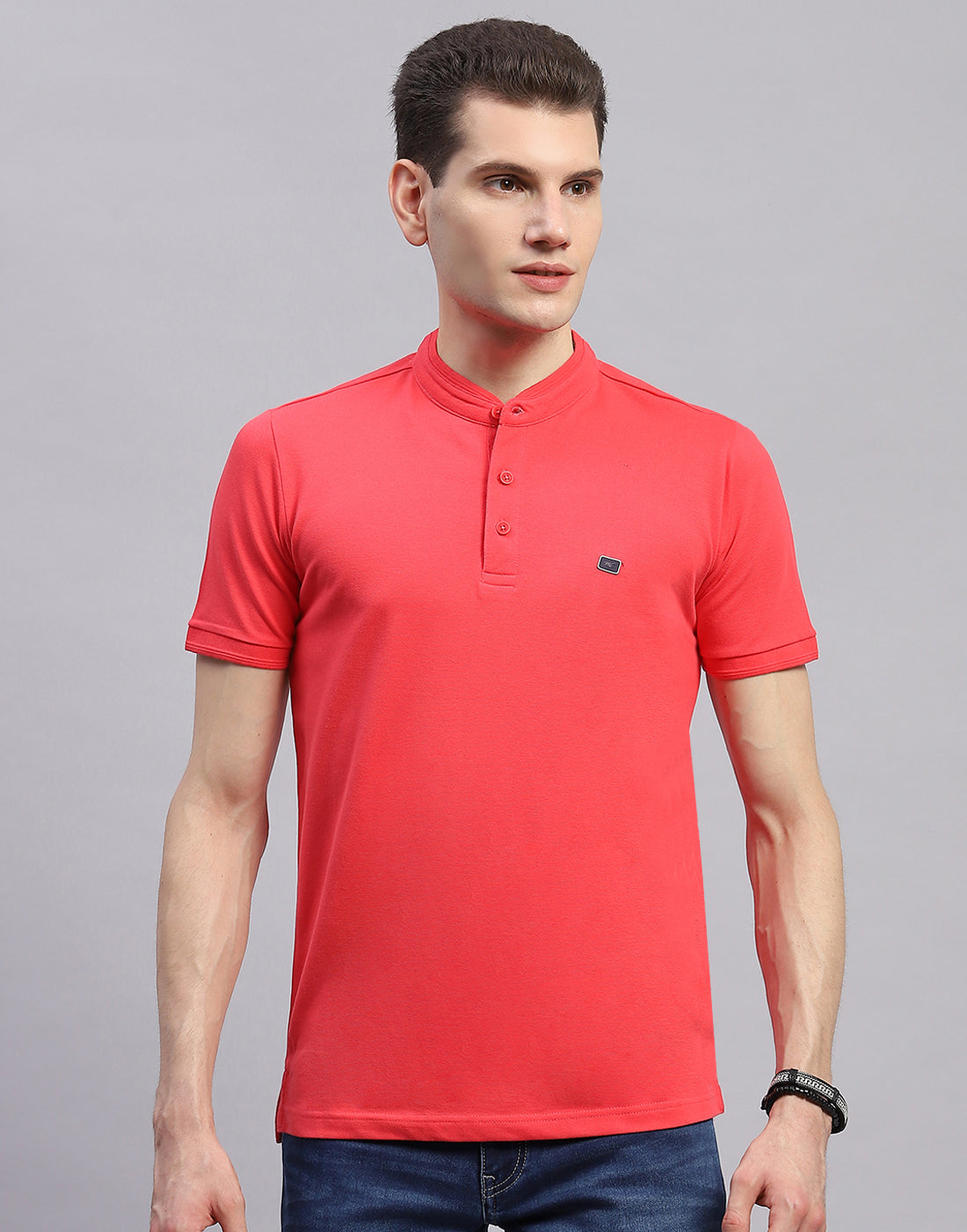 Men Pink Solid Band Collar Half Sleeve T-Shirt