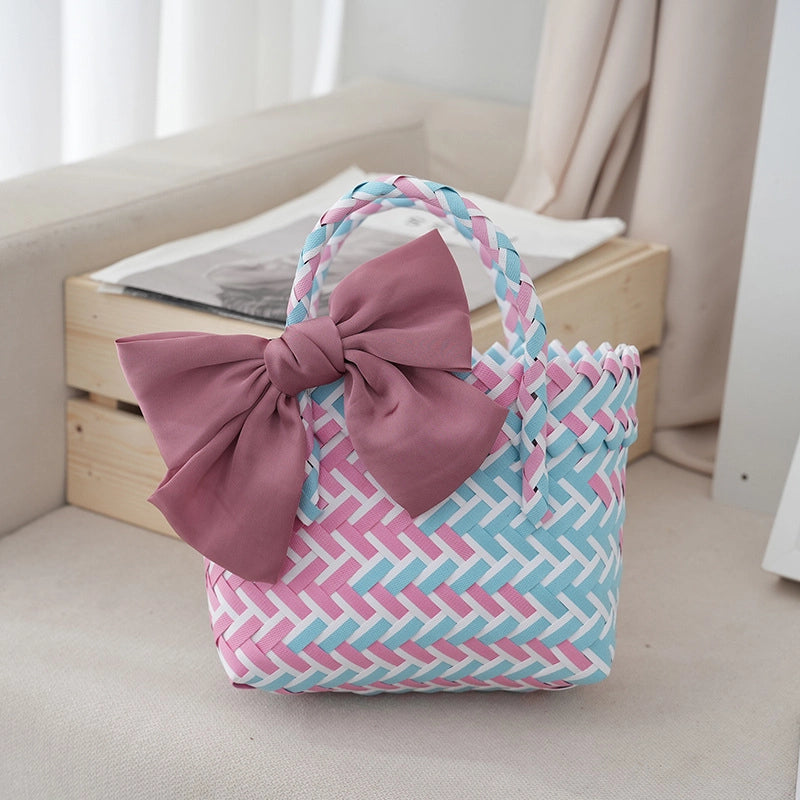 Women's Small PVC Stripe Bow Knot Cute Weave Square Open Handbag