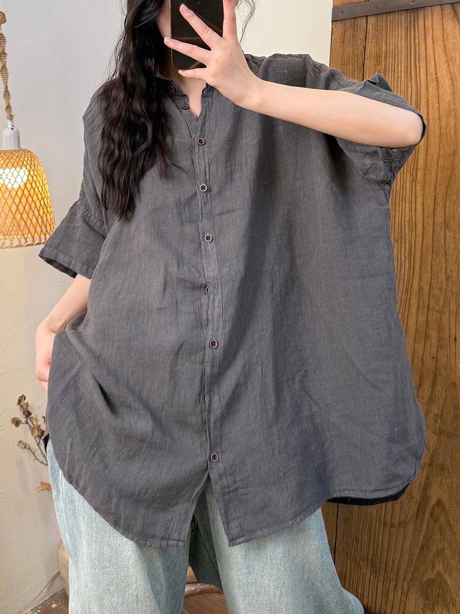 Women Summer Retro Pure Color Turn-down Collar Linen Shirt