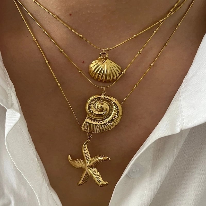 Marine Style Starfish Conch Shell 316L Stainless Steel  18K Gold Plated Pendant Necklace