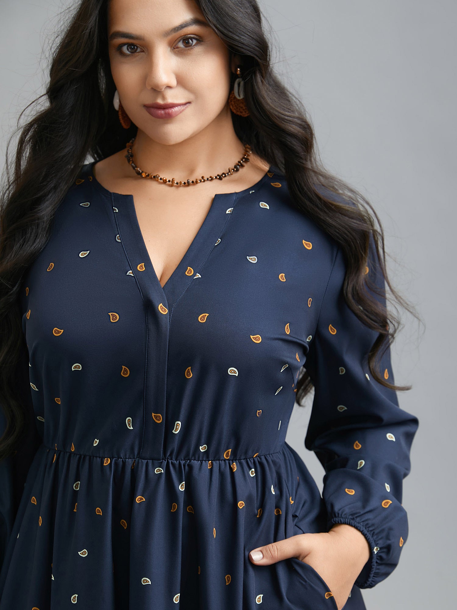 Notched Collar Boho Print Contrast Dress