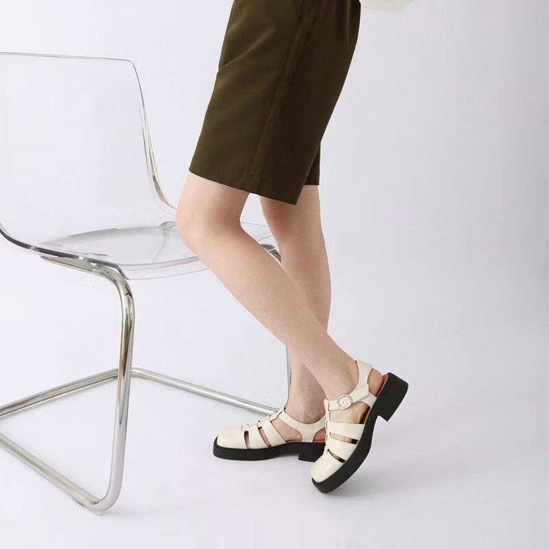 Designer Fisherman Shoes Genuine Leather Gladiator Sandals Block Heel Slingback in White/Black