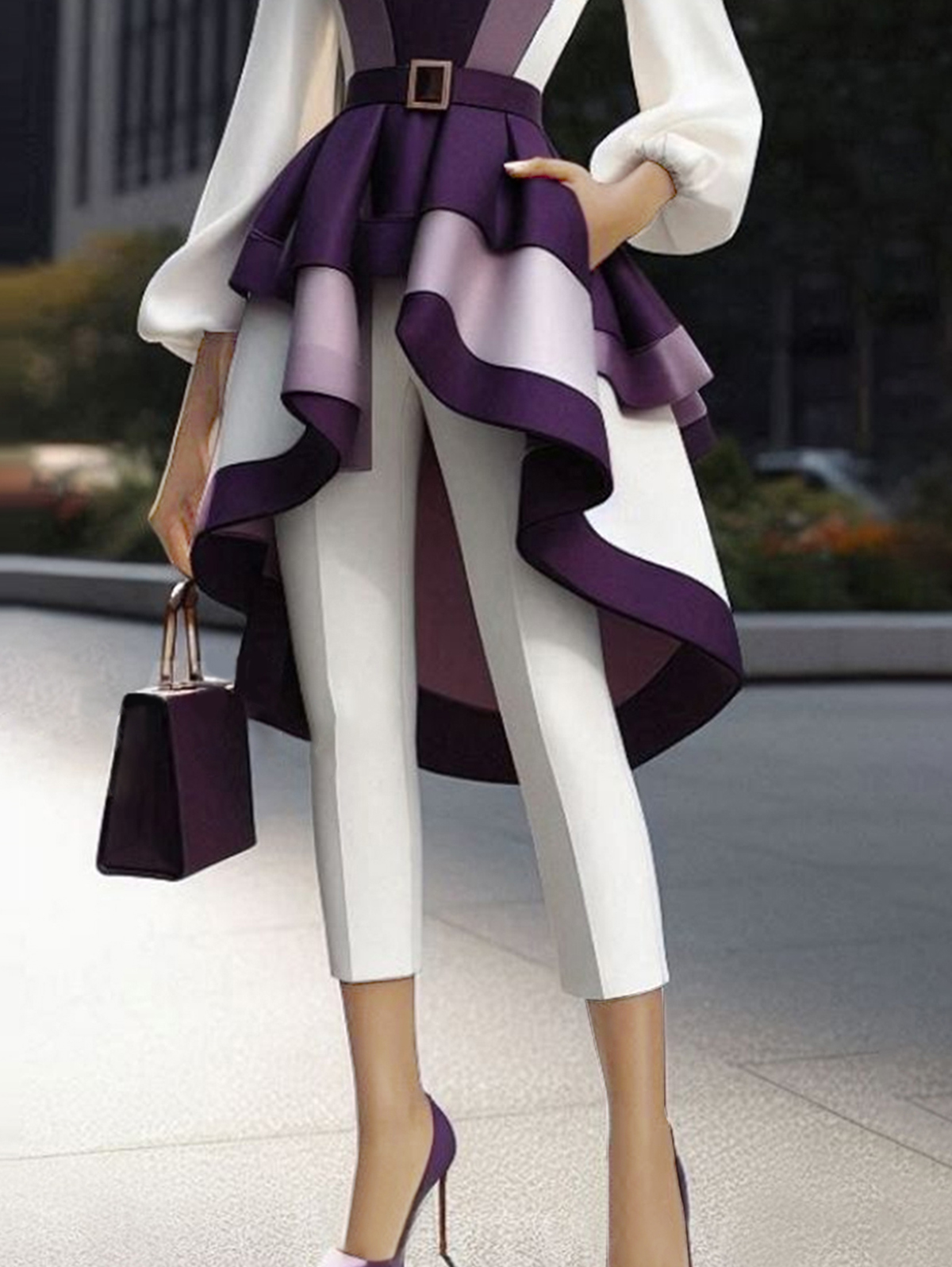 Formal Color Blocks Lantern Sleeve Irregular Hem Belt Blouse