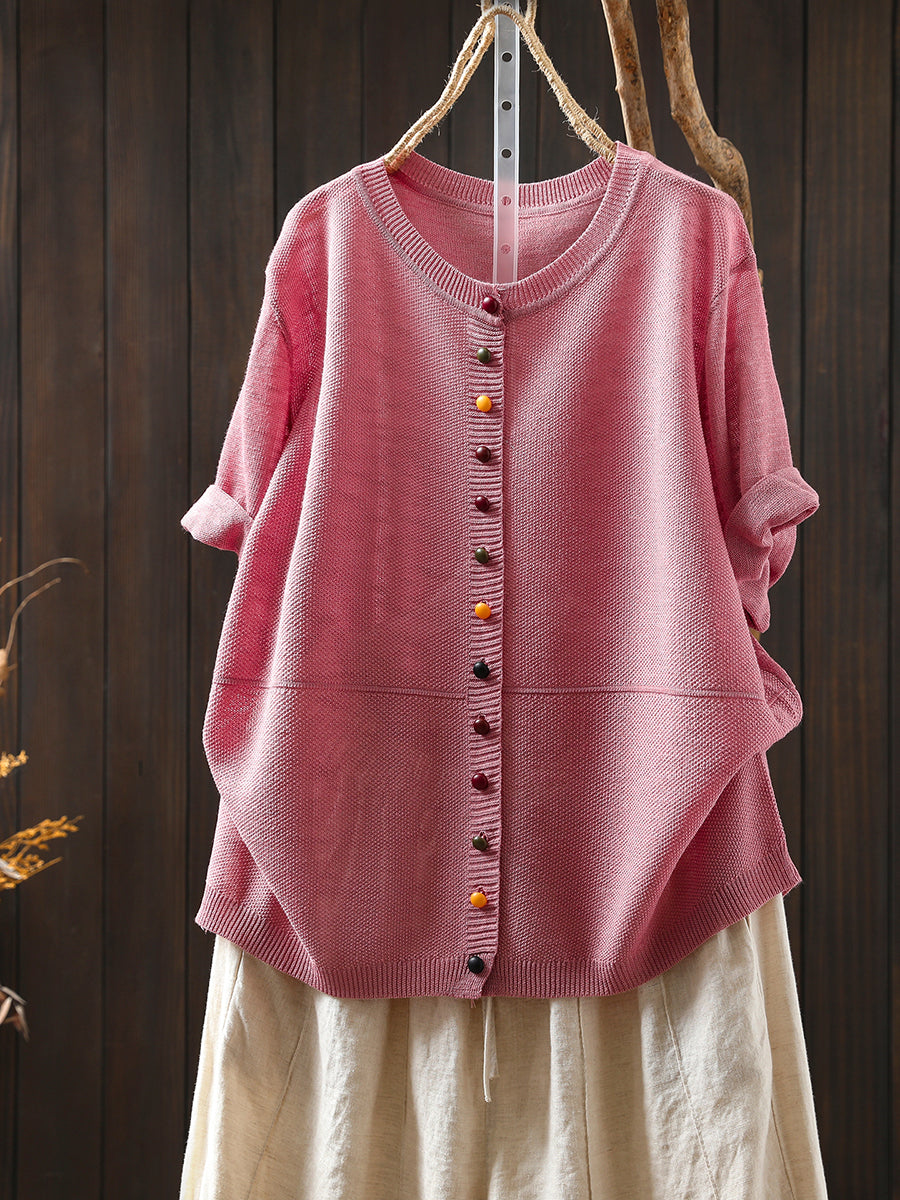 Women Summer Casual Colorful Button Knitted O-Neck Shirt