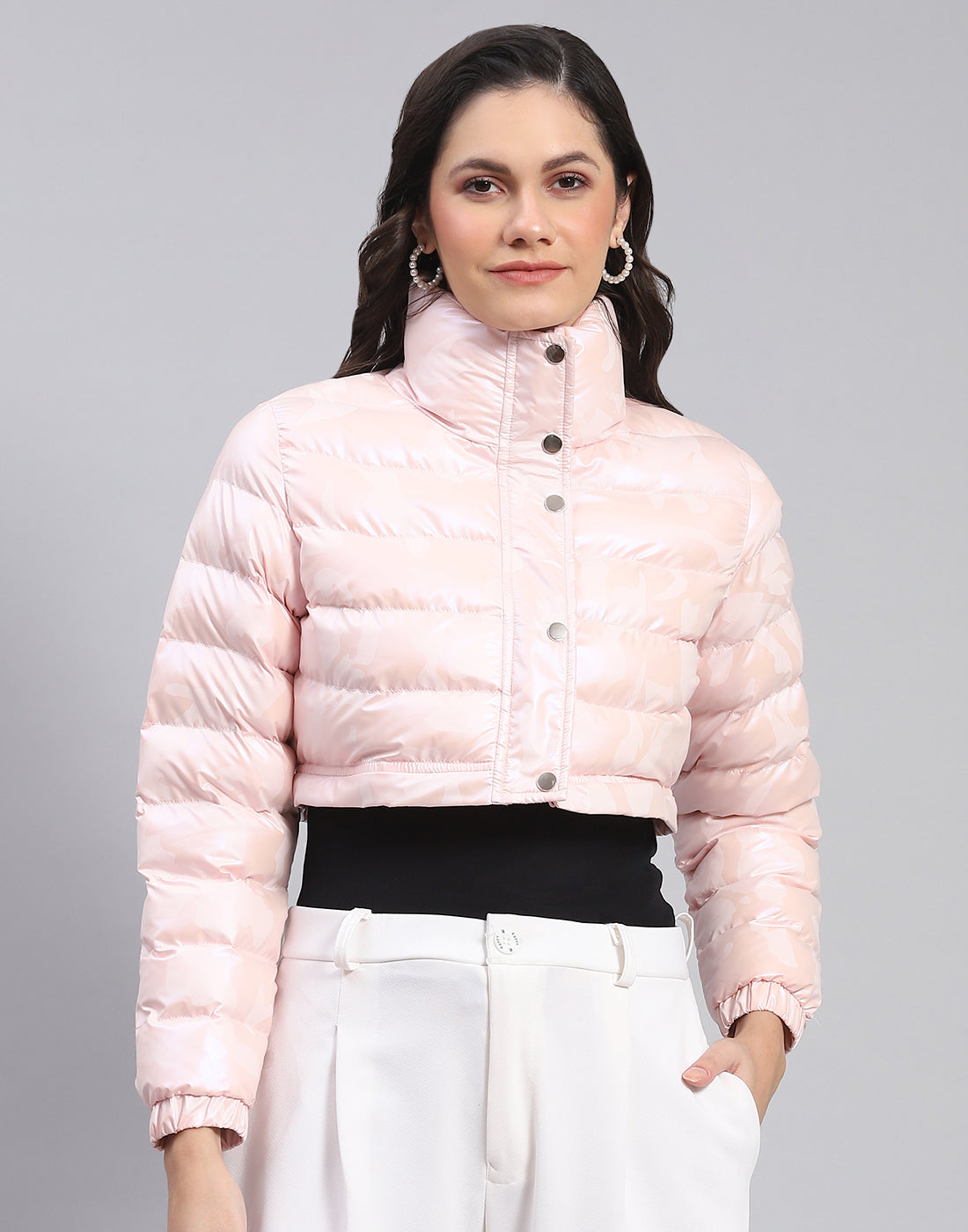 Women Pink Solid Stand Collar Full Sleeve Jacket