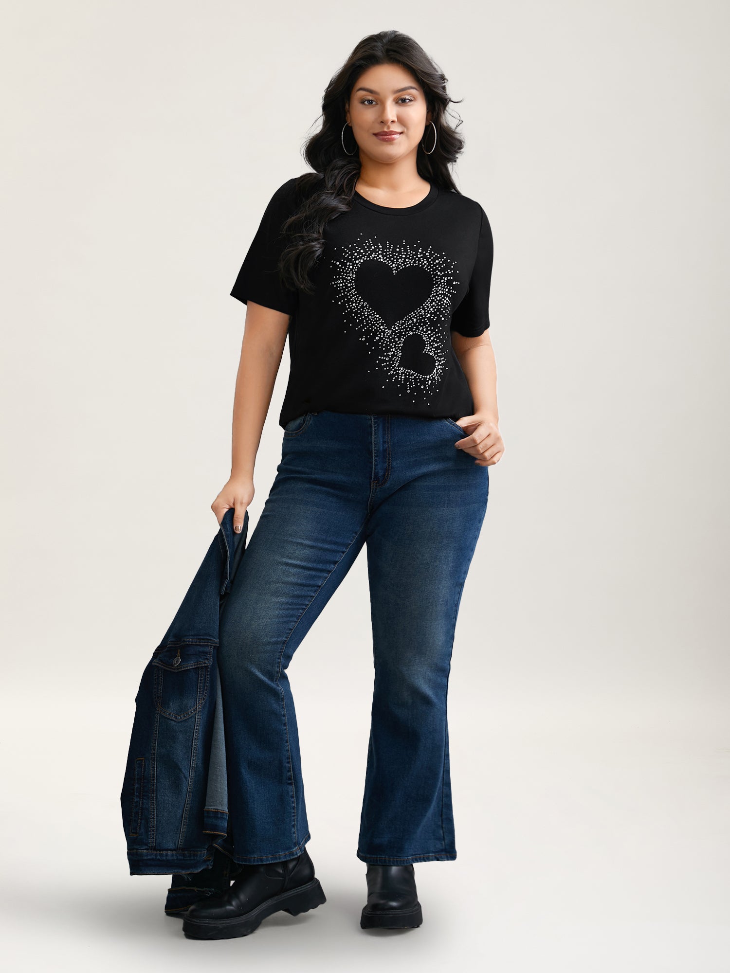 Crew Neck Rhinestone Heart T-Shirt