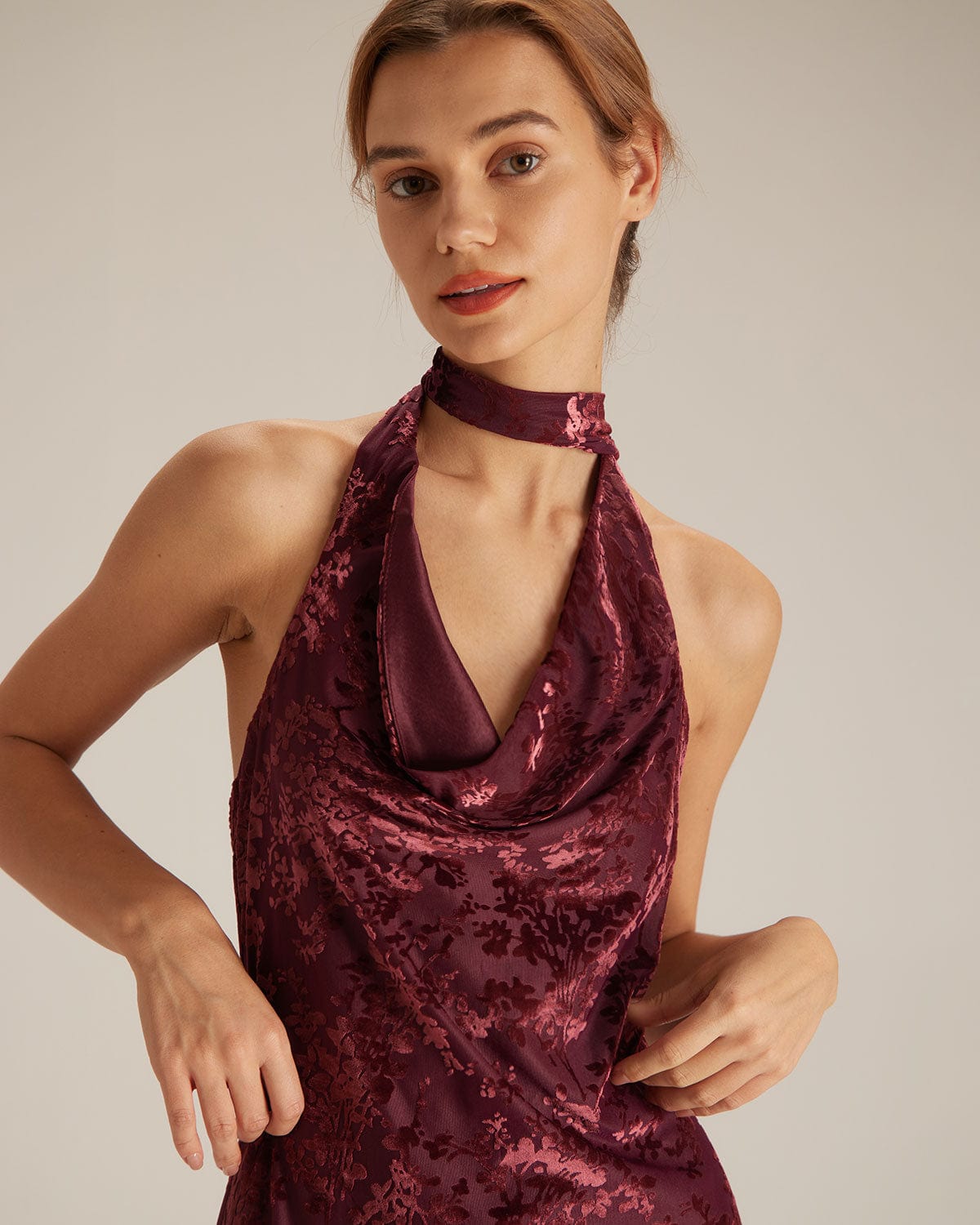The Wine Red Halter Floral Burnout Mini Dress