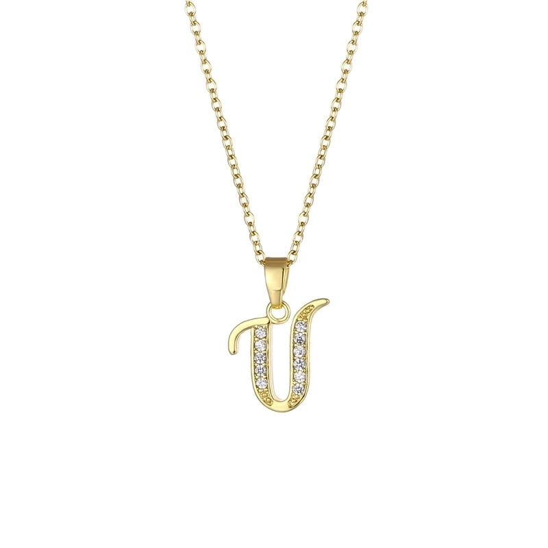 Stainless Steel Titanium Steel 18K Gold Plated Fashion Plating Inlay Letter Zircon Pendant Necklace