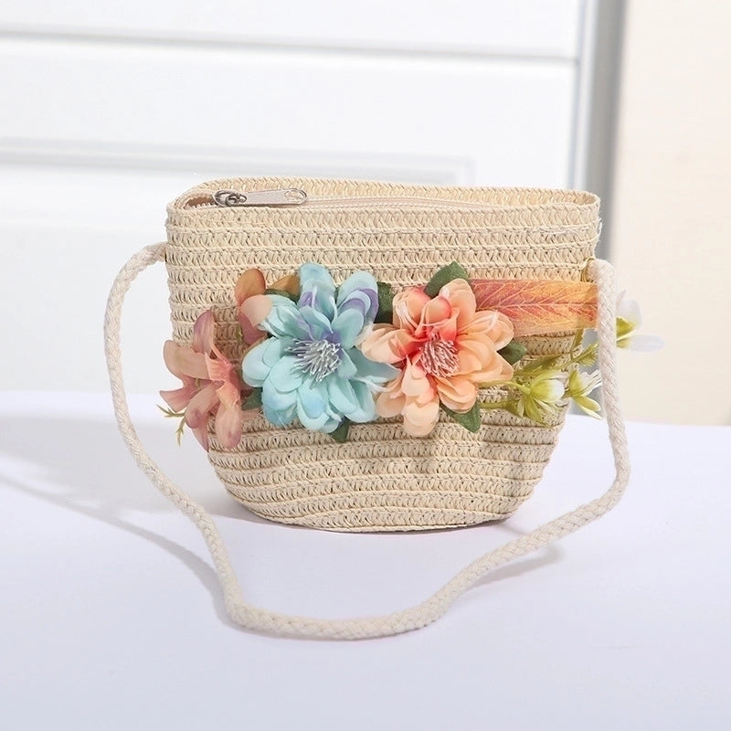 Women's Mini Straw Flower Bow Knot Fashion Bucket Zipper Shoulder Bag Handbag Crossbody Bag