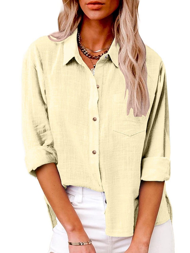 Women's Shirt Blouse Long Cotton Top White Cotton Top Linen Button Pocket Casual Fashion Neon & Bright Long Sleeve Shirt Collar Black Spring &  Fall