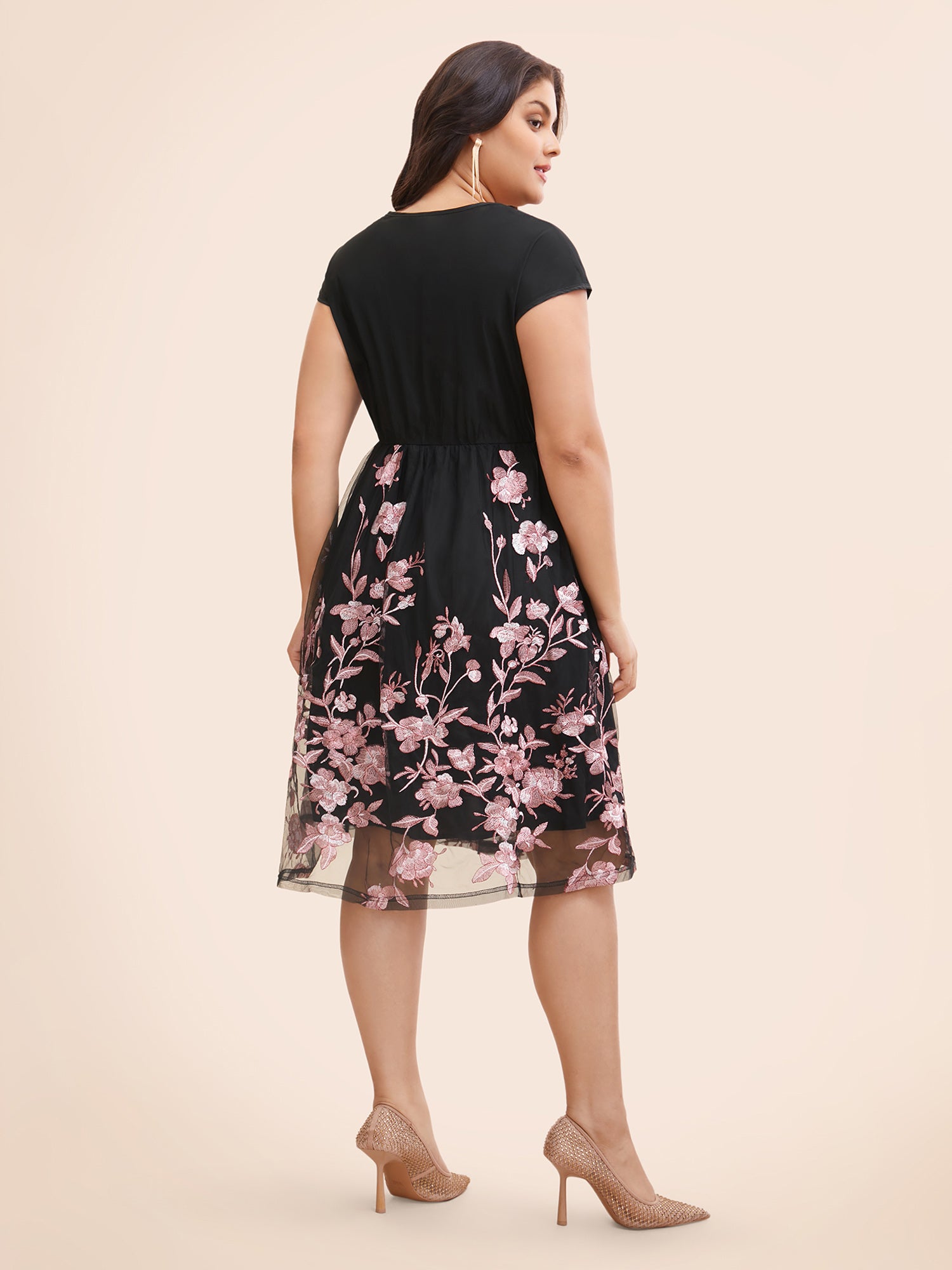 Floral Embroidered Wrap Cap Sleeve Dress