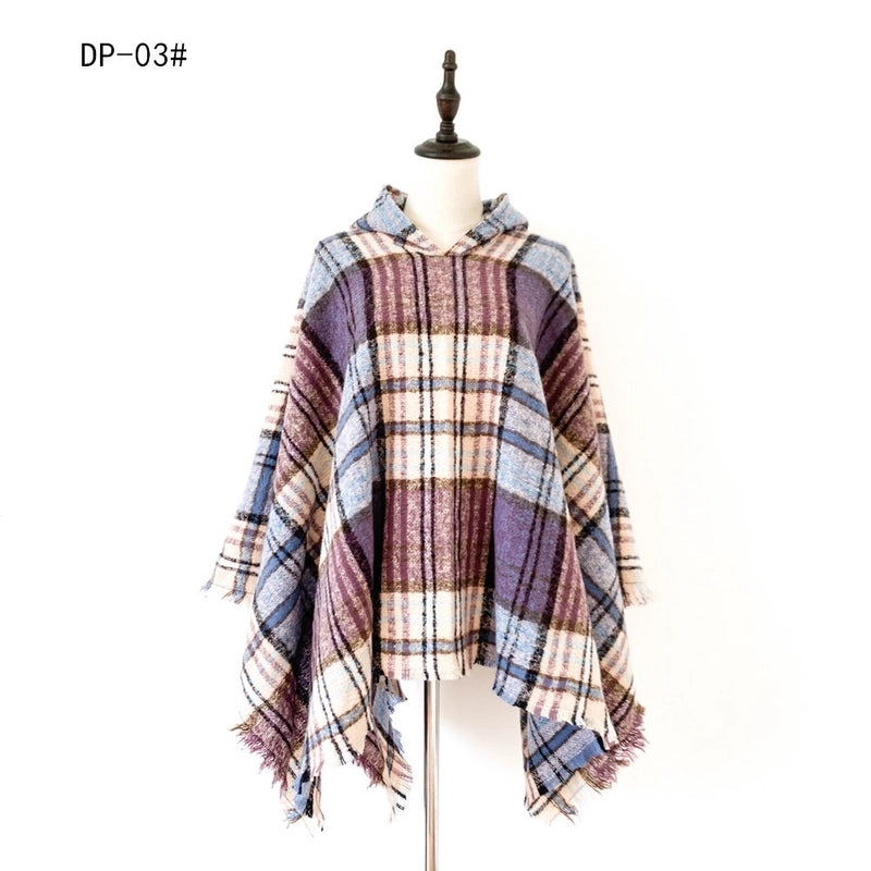 Direct New Cape Europe And The United States Spring And Autumn And Winter New Barbed Wool Pullover Plaid Hat Cape Shawl