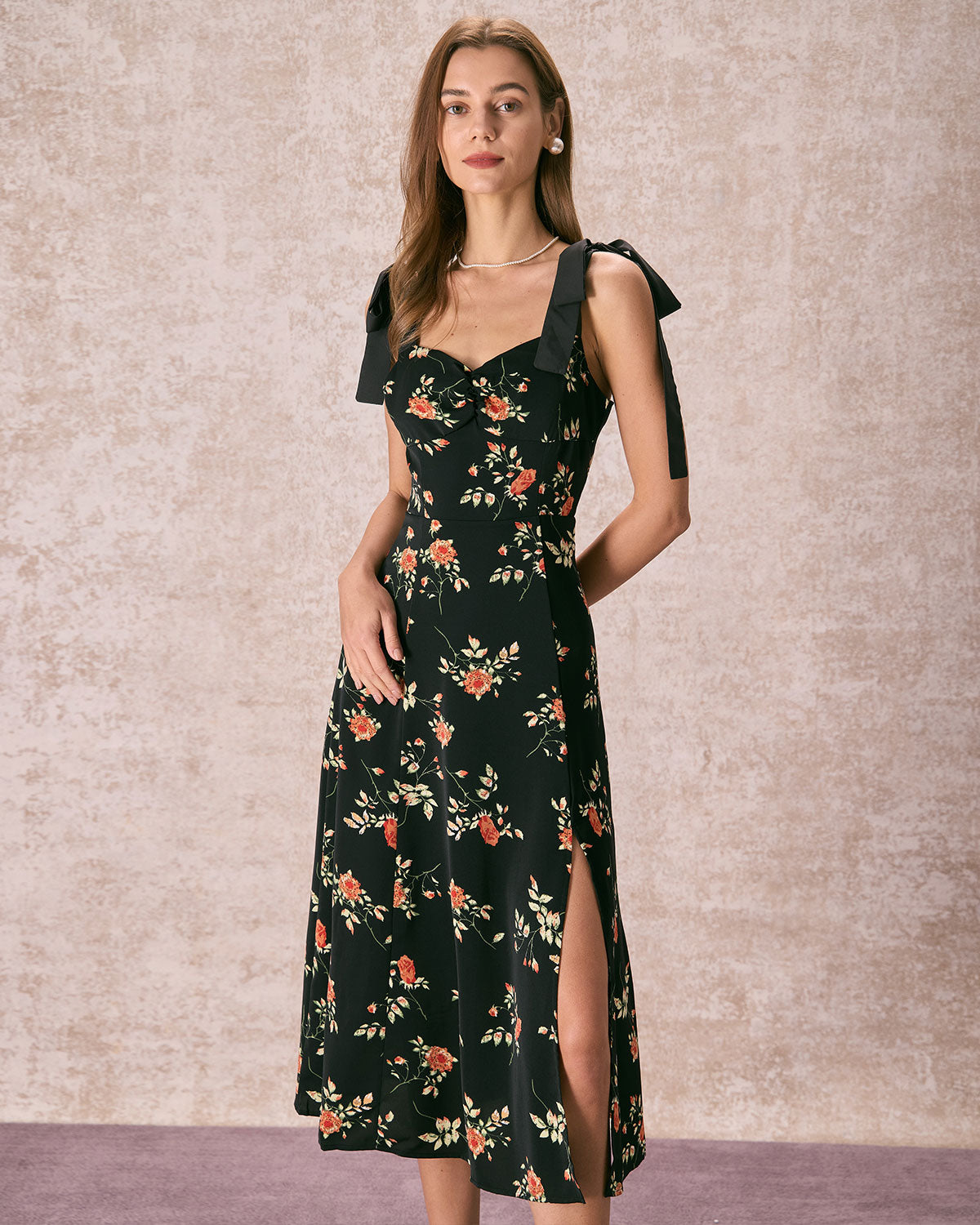 The Black Floral Ruched Tie Strap Slit Midi Dress