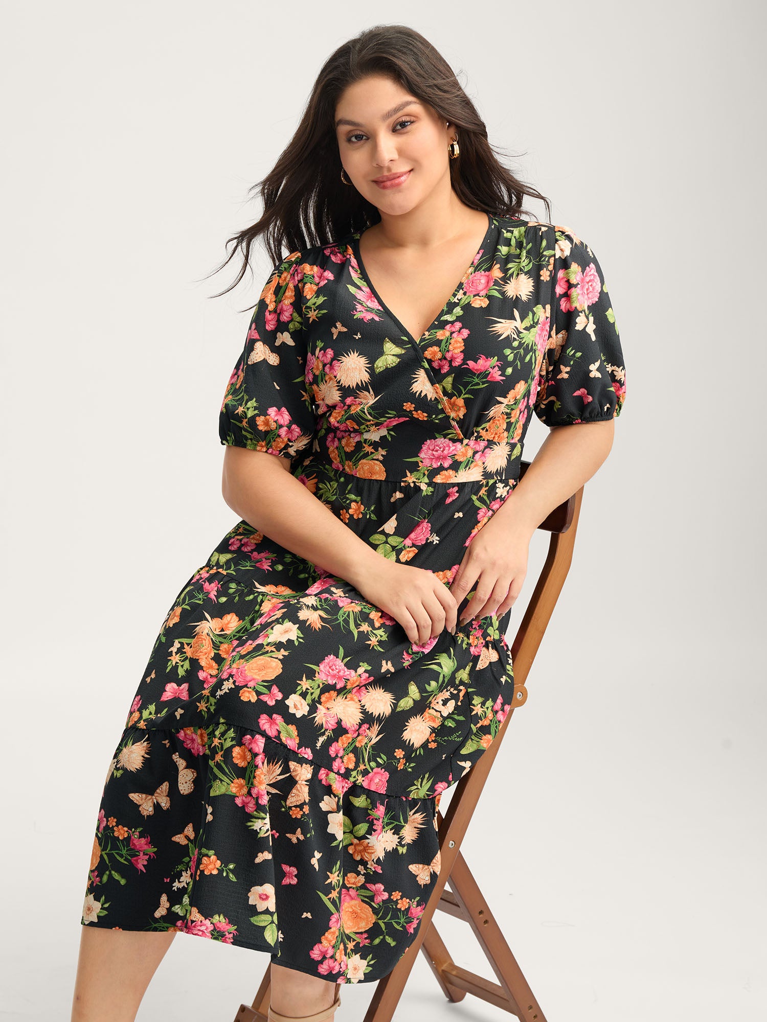 Sweet Floral Print Puff Sleeve Midi Dress
