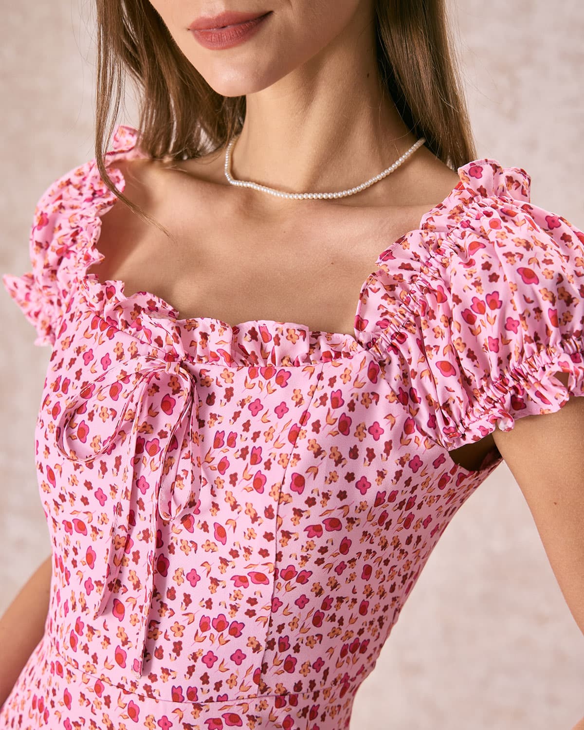 The Pink Square Neck Puff Sleeve Floral Mini Dress