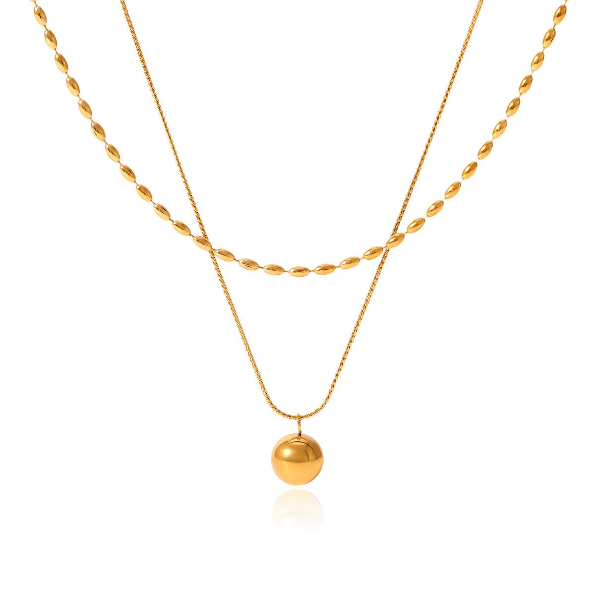 Double-Layer Stainless Steel Necklace Oval Bead Chain Twisted Chain Small Gold Ball Pendant Necklace Titanium Steel Necklace