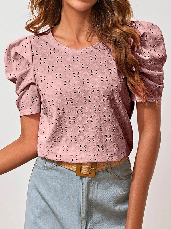 Loose Short Sleeves Hollow Pleated Solid Color Round-Neck T-Shirts Tops