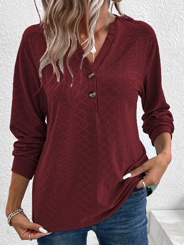 V Neck Long Sleeve Plain Jacquard Regular Medium Elasticity Loose Shirt For Women