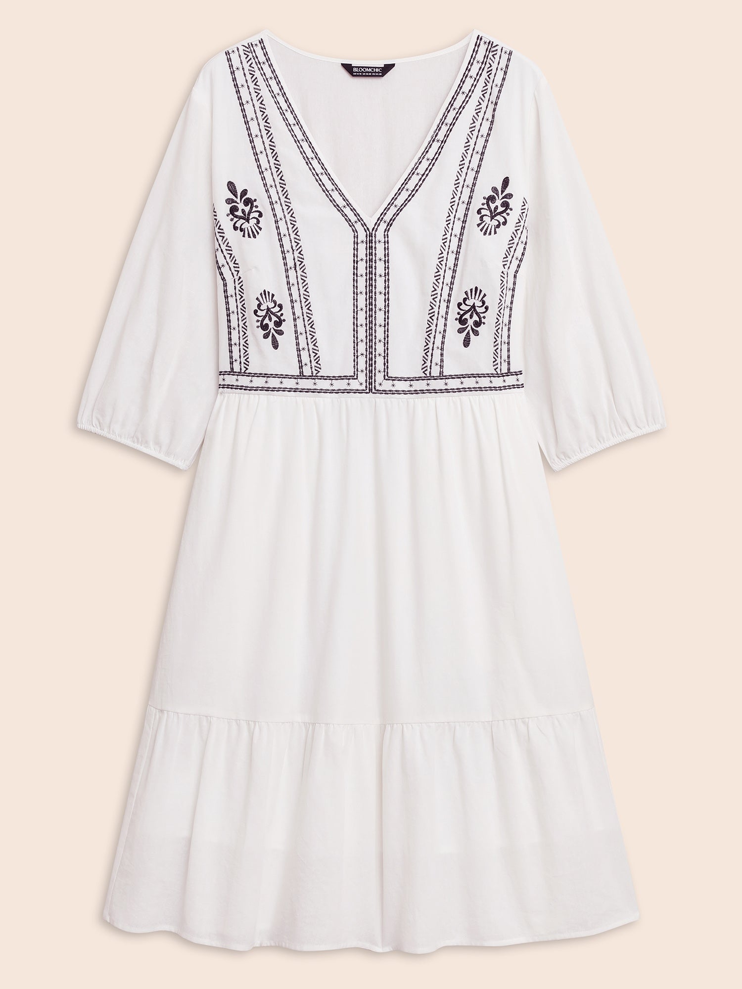 Boho Embroidered Elastic Waist Lantern Sleeve Dress