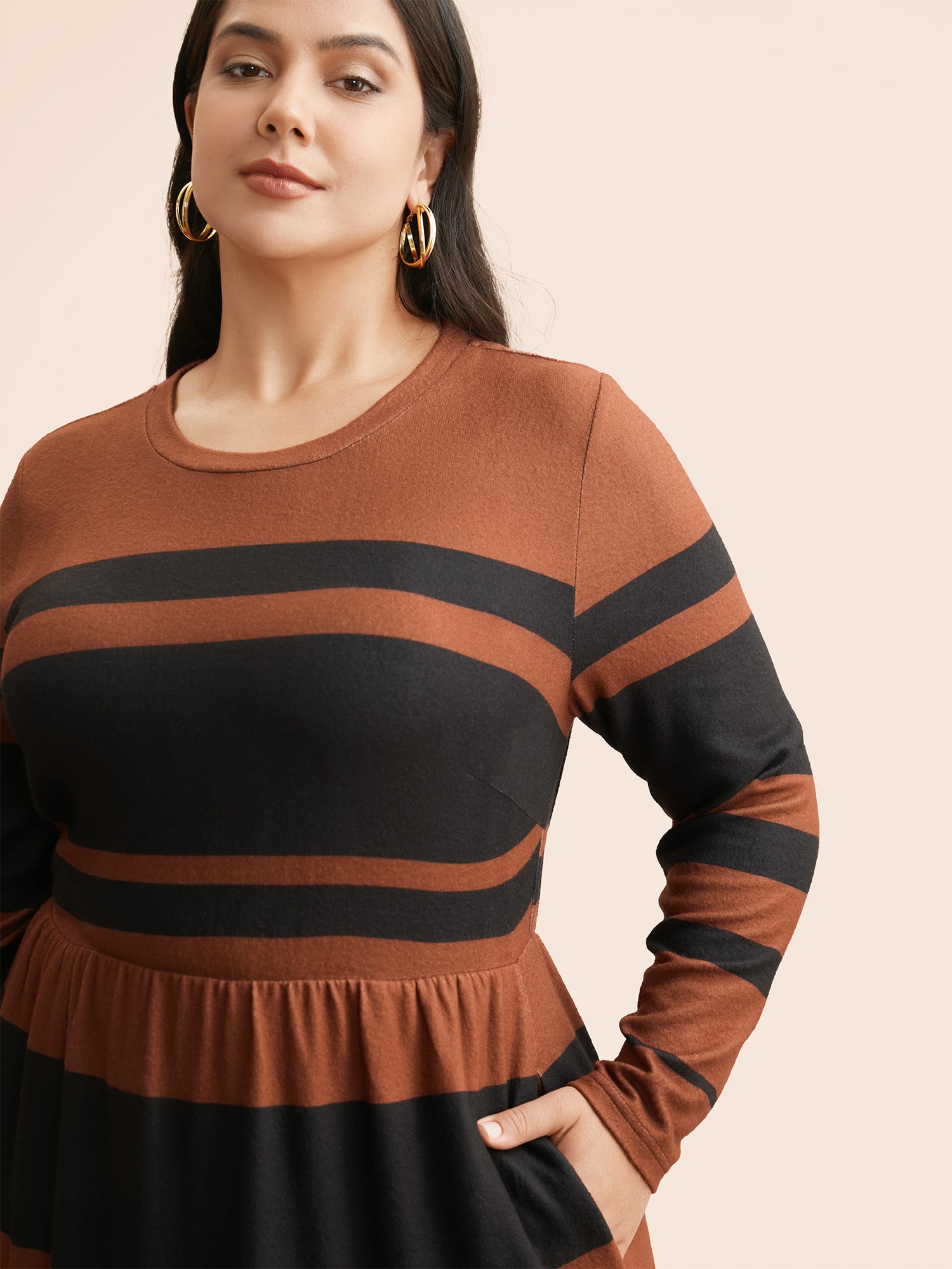 Crew Neck Striped Patchwork Elastic Waist Dress