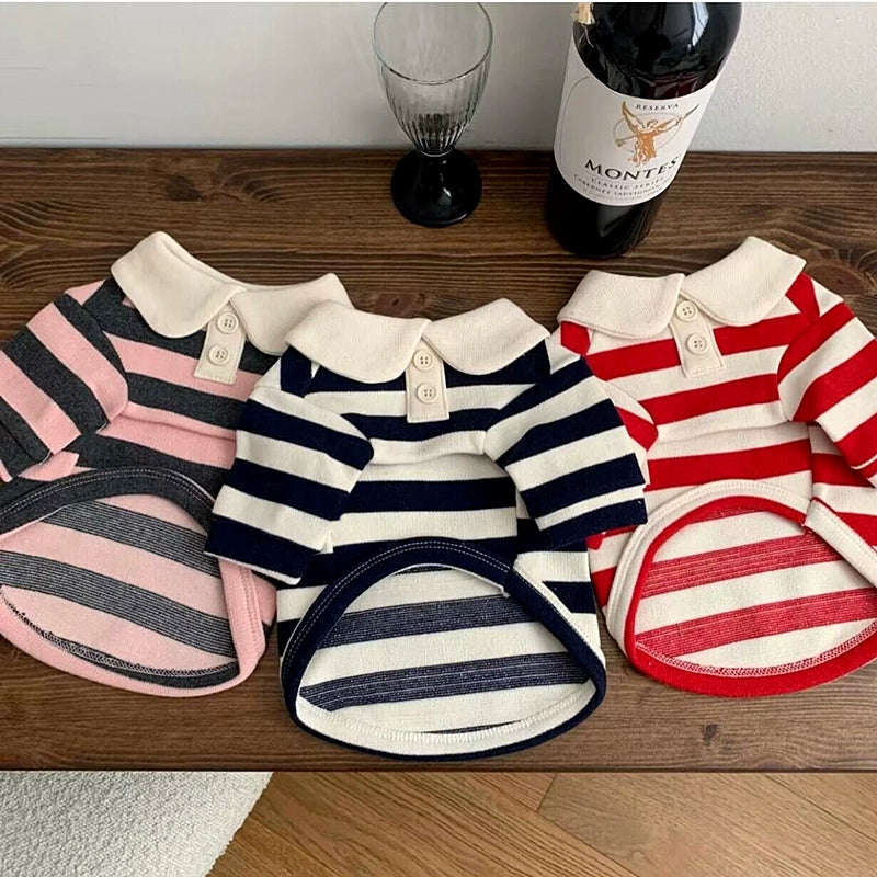 Casual Striped Collar Buttoned Dog Cat T-shirt