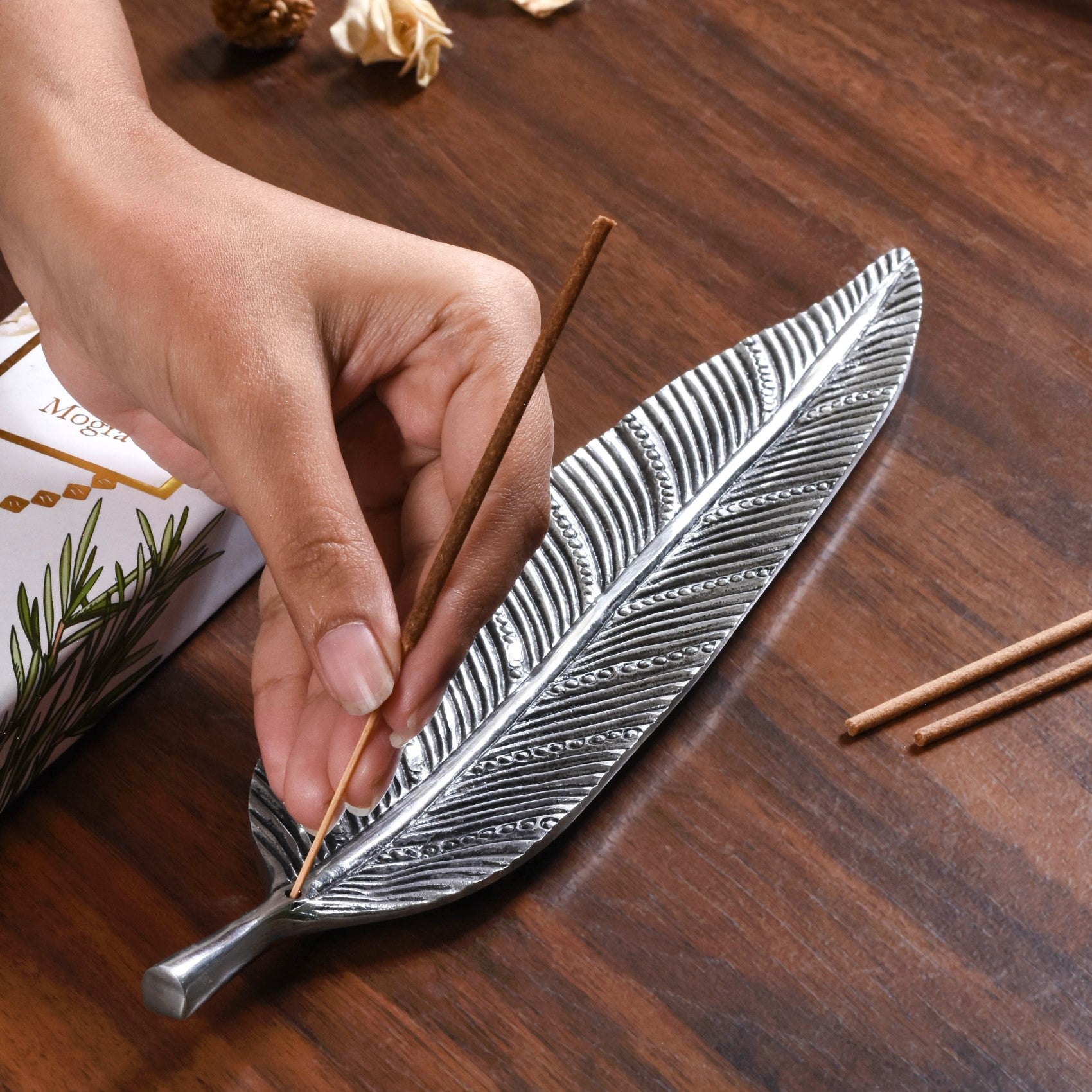 Long Leaf Incense Holder With Mogra Incense Sticks