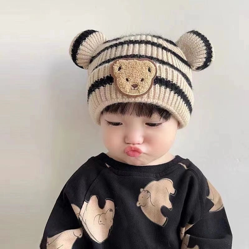 Baby Hat Autumn And Winter Korean Style Baby Hat Striped Cute Bear Hat Wool Hat Boys And Girls Hat