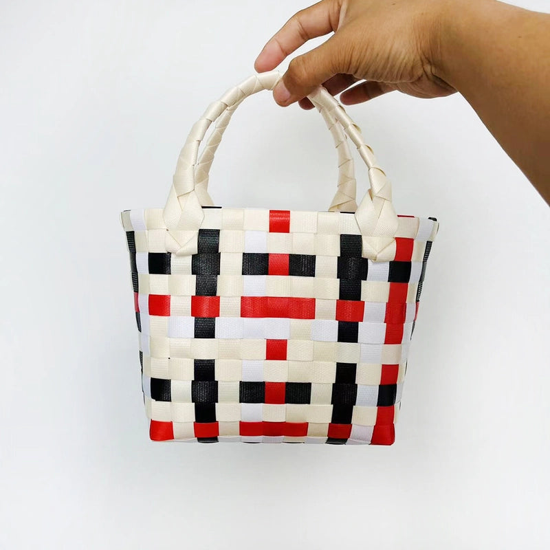 Women's PVC Color Block Plaid Vacation Weave Square Open Square Bag