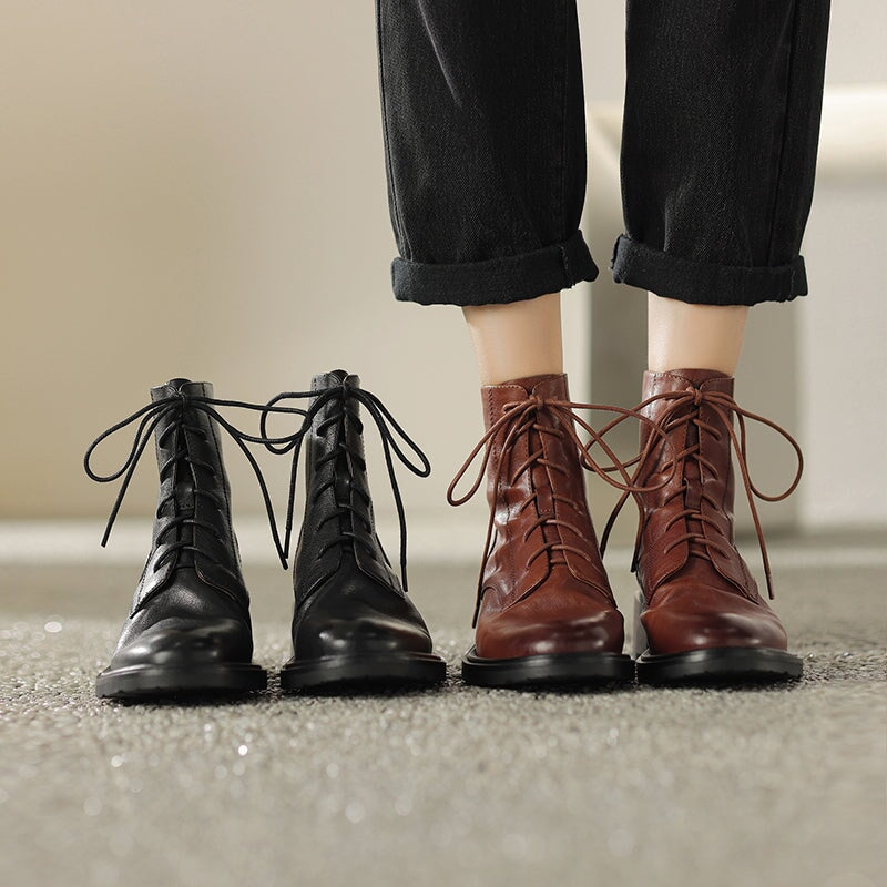 Women's Handmade Cowhide Lace-Up Zipper Martin Boots with Mid Heel Black/Brown